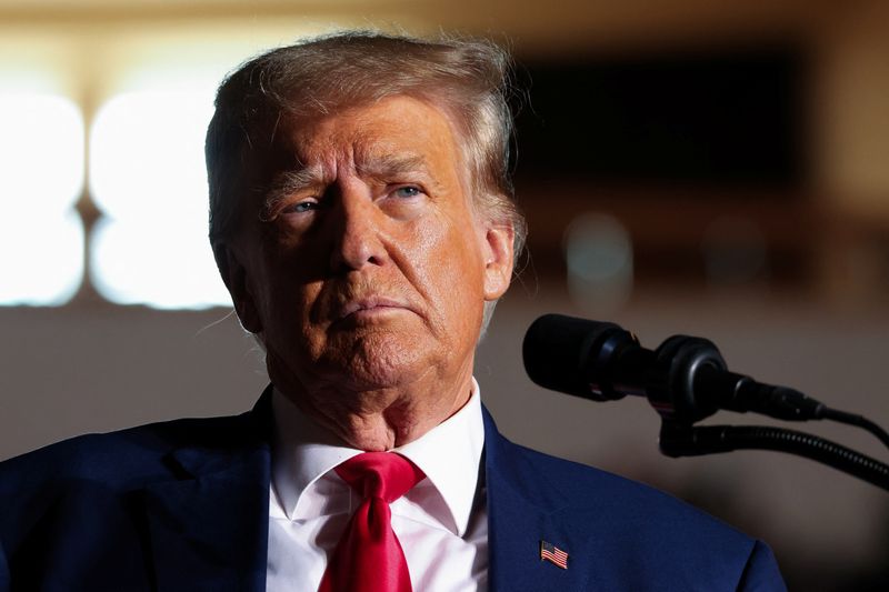 © Reuters. Former U.S. President and Republican presidential candidate Donald Trump reacts as he holds a campaign rally in Erie, Pennsylvania, U.S., July 29, 2023. REUTERS/Lindsay DeDario/File Photo