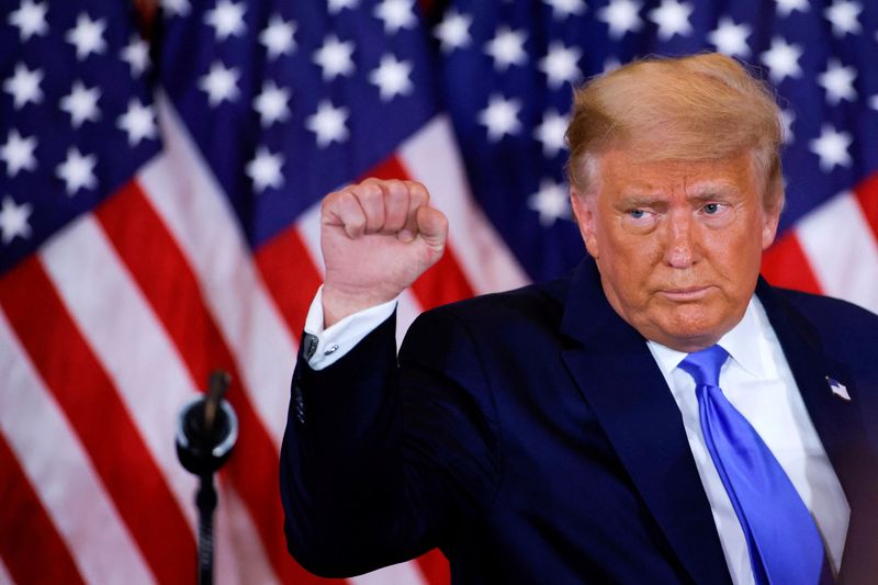 &copy; Reuters. FILE PHOTO: U.S. President Donald Trump raises his fist as he reacts to early results from the 2020 U.S. presidential election in the East Room of the White House in Washington, U.S., November 4, 2020. REUTERS/Carlos Barria/File Photo