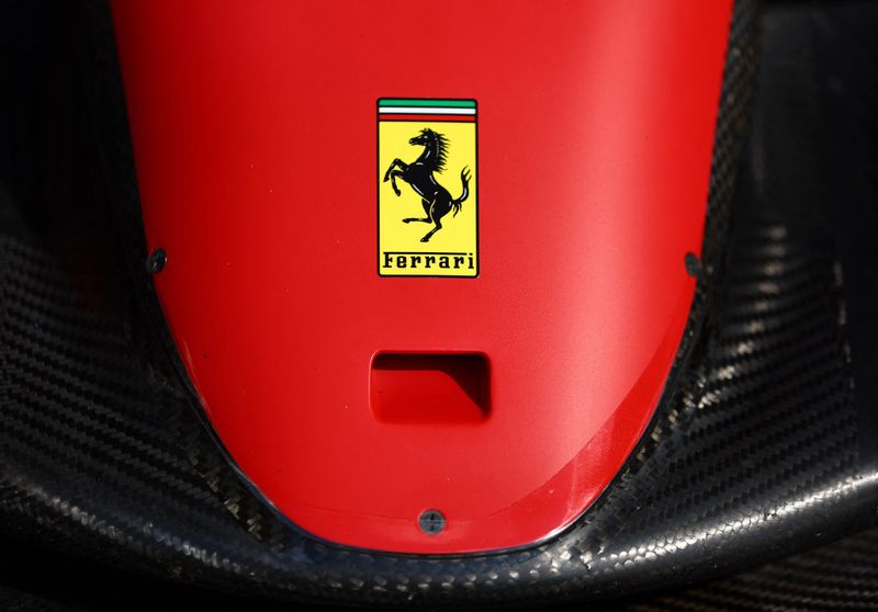 &copy; Reuters. Formula One F1 - British Grand Prix - Silverstone Circuit, Silverstone, Britain - July 7, 2023 Ferrari logo is pictured on a front wing during practice REUTERS/Andrew Boyers/File photo 