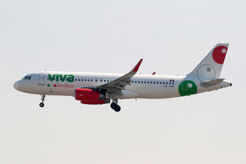 &copy; Reuters. FILE PHOTO: A Viva Aerobus Airbus A320-200 aircraft prepares to land at Benito Juarez International Airport in Mexico City, Mexico January 10, 2018, REUTERS/Daniel Becerril/File Photo