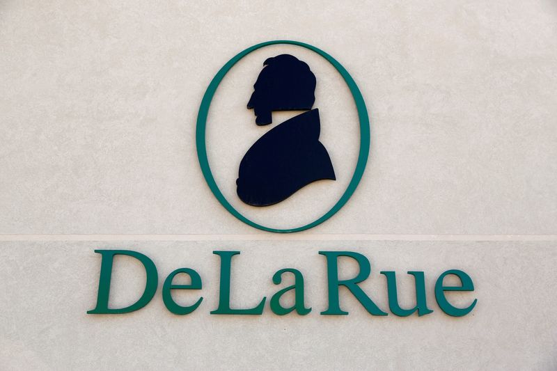 &copy; Reuters. FILE PHOTO: The corporate logo of De La Rue is seen at De La Rue Malta at Bulebel Industrial Estate in Zejtun, Malta April 24, 2018. REUTERS/Darrin Zammit Lupi/File Photo/File Photo
