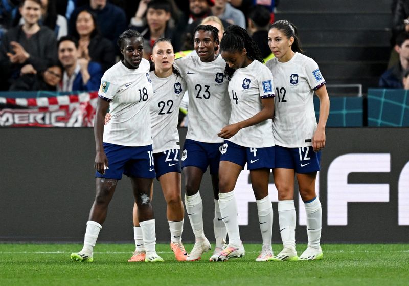 &copy; Reuters. L'équipe féminine de football française durant le match contre le Panama. /Photo prise le 2 août 2023/REUTERS/Jaimi Joy