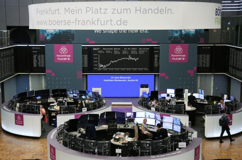 &copy; Reuters. FILE PHOTO: The German share price index DAX graph is pictured at the stock exchange in Frankfurt, Germany, July 7, 2023.    REUTERS/Staff