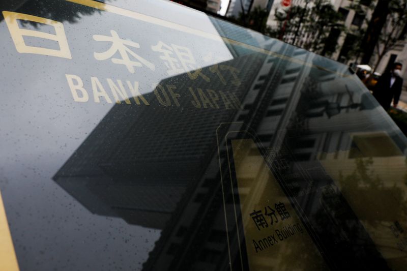 &copy; Reuters. FILE PHOTO: A view of signage outside the headquarters of Bank of Japan amid the coronavirus disease (COVID-19) outbreak in Tokyo, Japan, May 22, 2020.REUTERS/Kim Kyung-Hoon