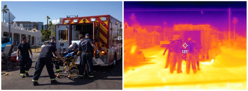 &copy; Reuters. Firefighter EMT personnel assist a man who collapsed during a 27 days long heat wave with temperatures over 110 degrees Fahrenheit (43 degrees Celsius), near downtown Phoenix, Arizona, U.S., July 26, 2023. On July 26 at 16:03 (GMT-7), a Flir One ProTherma