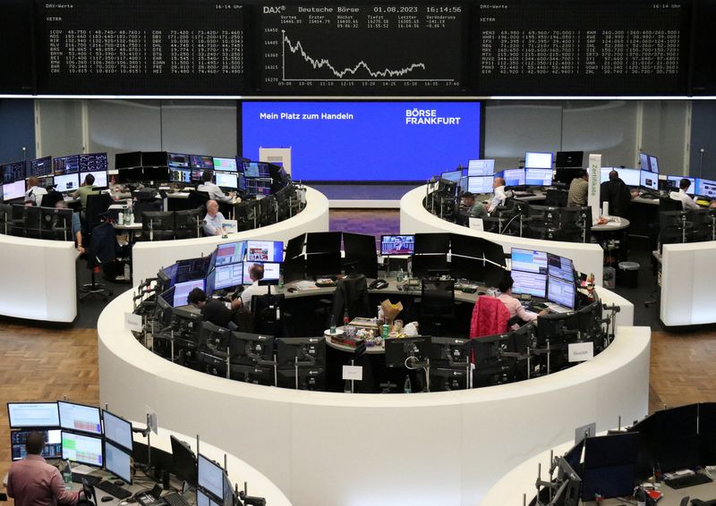 &copy; Reuters. FILE PHOTO: The German share price index DAX graph is pictured at the stock exchange in Frankfurt, Germany, August 1, 2023.    REUTERS/Staff