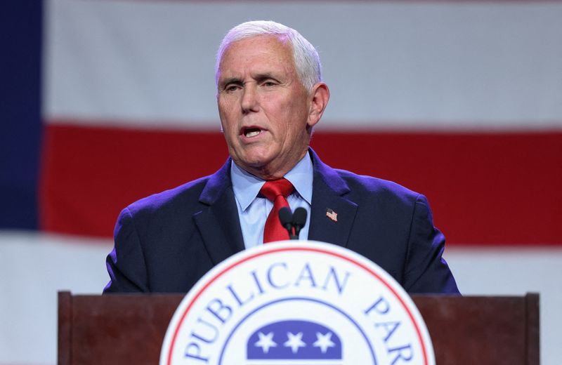 &copy; Reuters. FILE PHOTO: Former U.S. Vice President and Republican presidential candidate Mike Pence speaks at the Republican Party of Iowa's Lincoln Day Dinner in Des Moines, Iowa, U.S., July 28, 2023. REUTERS/Scott Morgan/File Photo