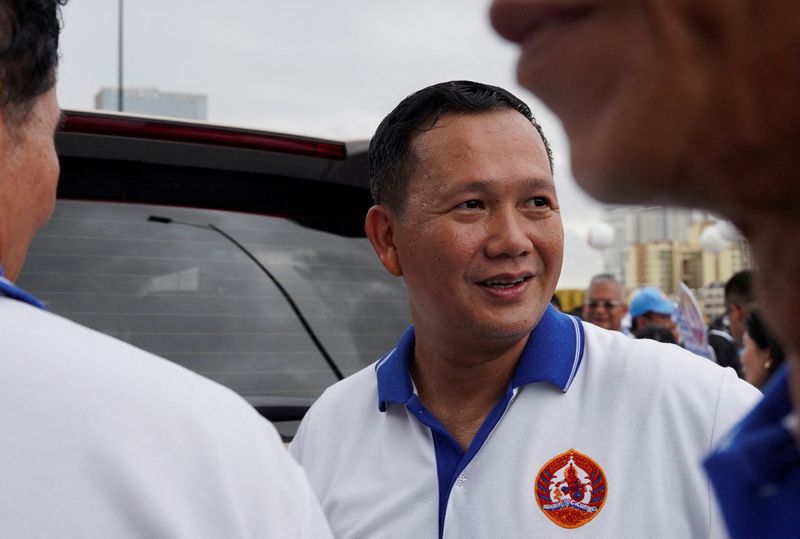 &copy; Reuters. FILE PHOTO: Hun Manet, son of Cambodia's Prime Minister Hun Sen, looks on at the final Cambodian People's Party (CPP) election campaign for the upcoming general election in Phnom Penh, Cambodia, July 21, 2023. REUTERS/Cindy Liu/File Photo