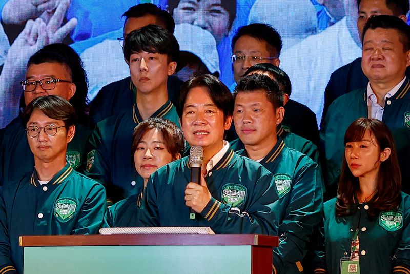 &copy; Reuters. FILE PHOTO: Taiwan's Vice President William Lai makes a speech at the ruling Democratic Progressive Party annual congress in Taipei, Taiwan July 16, 2023. REUTERS/Ann Wang//File Photo