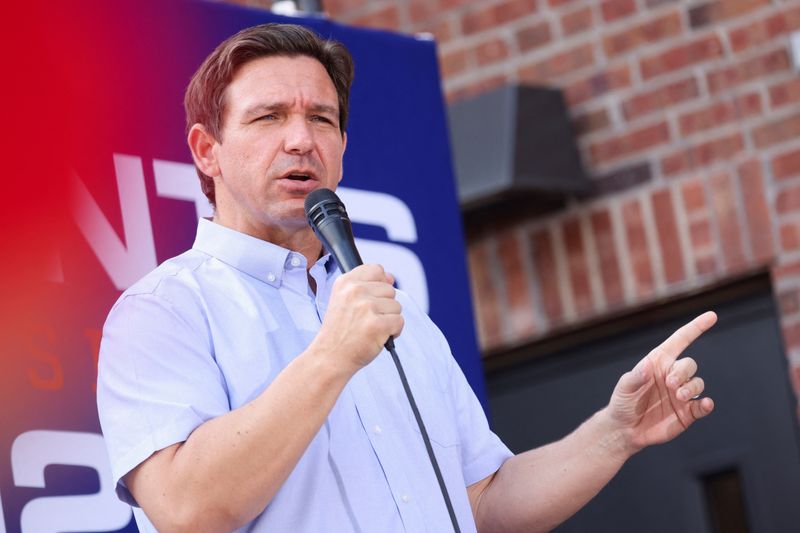 &copy; Reuters. Republican U.S. presidential candidate and Florida Governor Ron DeSantis speaks during his "Never Back Down" tour ahead of his appearance at the Iowa State Fair, in Atlantic, Iowa, U.S. August 11, 2023.  REUTERS/Scott Morgan