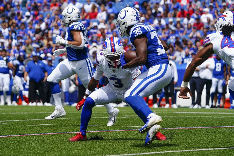 &copy; Reuters. Aug 12, 2023; Orchard Park, New York, USA;  Buffalo Bills safety Damar Hamlin (3) tackles Indianapolis Colts running back Deon Jackson (35) running with the ball during the first half at Highmark Stadium. Mandatory Credit: Gregory Fisher-USA TODAY Sports
