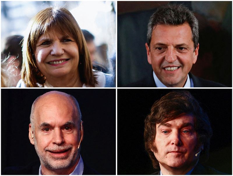 &copy; Reuters. FILE PHOTO: A combination picture shows Argentina's presidential pre-candidates Sergio Massa, Patricia Bullrich, Horacio Rodriguez Larreta, and candidate Javier Milei, in Buenos Aires, Argentina, July 2023. REUTERS/Agustin Marcarian and Matias Baglietto/F