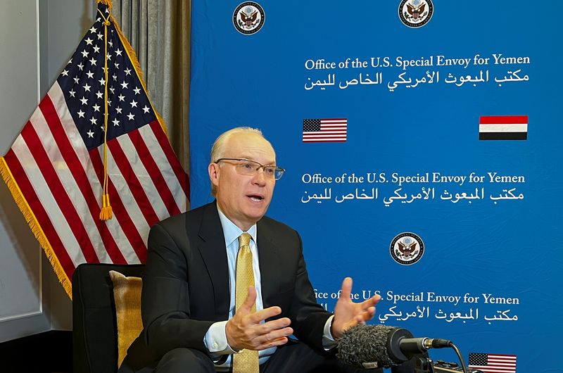 &copy; Reuters. U.S. special envoy for Yemen Tim Lenderking, attends an interview with Reuters in Amman, Jordan April 2, 2022. Picture taken April 2, 2022. REUTERS/Jehad Shelbak/File Photo