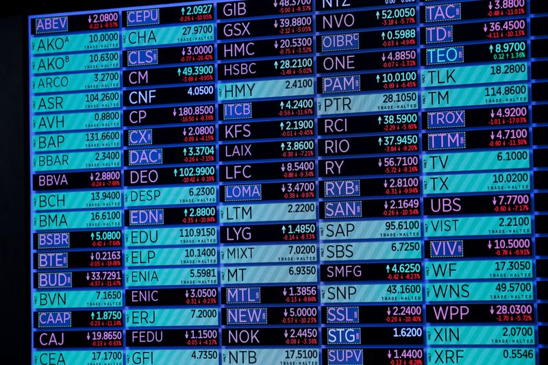 &copy; Reuters. FILE PHOTO: A screen displays trading information over the floor of the New York Stock Exchange (NYSE) in New York, U.S., March 18, 2020. REUTERS/Lucas Jackson