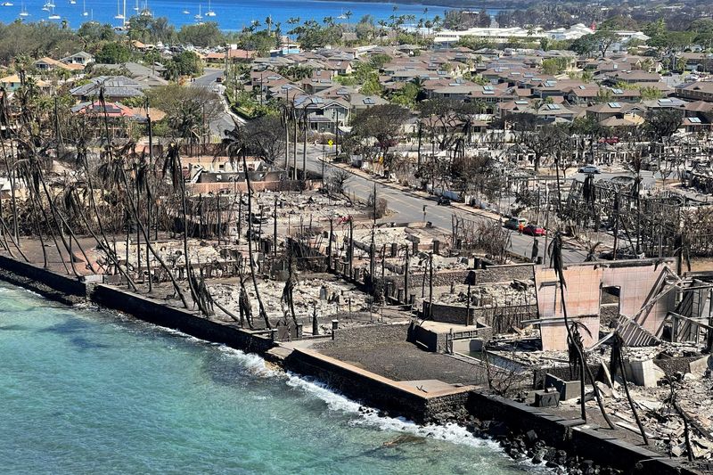 &copy; Reuters. FILE PHOTO: The shells of burned houses and buildings are left after wildfires driven by high winds burned across most of the town in Lahaina, Maui, Hawaii, U.S. August 11, 2023. Hawai'i Department of Land and Natural Resources/Handout via REUTERS/File ph