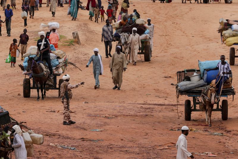 &copy; Reuters. جندي بالجيش التشادي يوجه عربات تنقل متعلقات مواطنين سودانيين فروا من الصراع في منطقة دارفور في السودان أثناء عبور الحدود بين السودان وتشاد 
