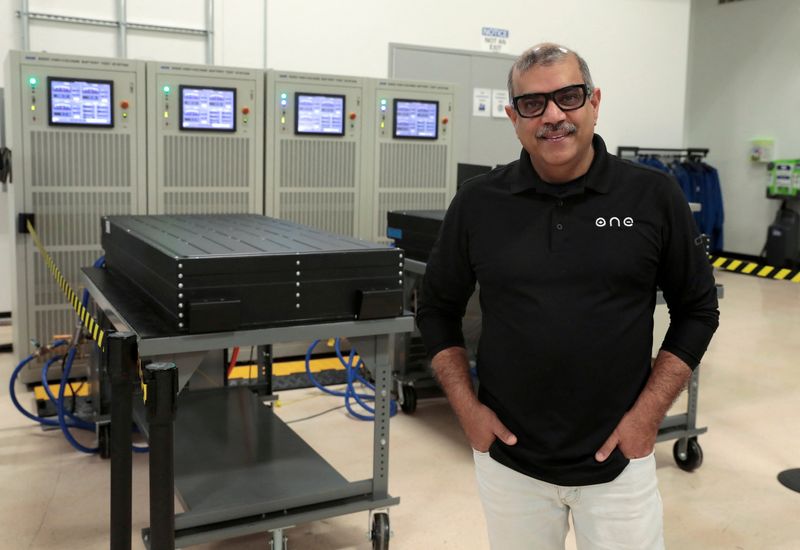 &copy; Reuters. FILE PHOTO: Our Next Energy (ONE) CEO Mujeeb Ijaz stands next to Aries lithium iron phosphate battery packs waiting to undergo testing at ONE's headquarters in Novi, Michigan, U.S., April 25, 2022. REUTERS/ Rebecca Cook/File Photo