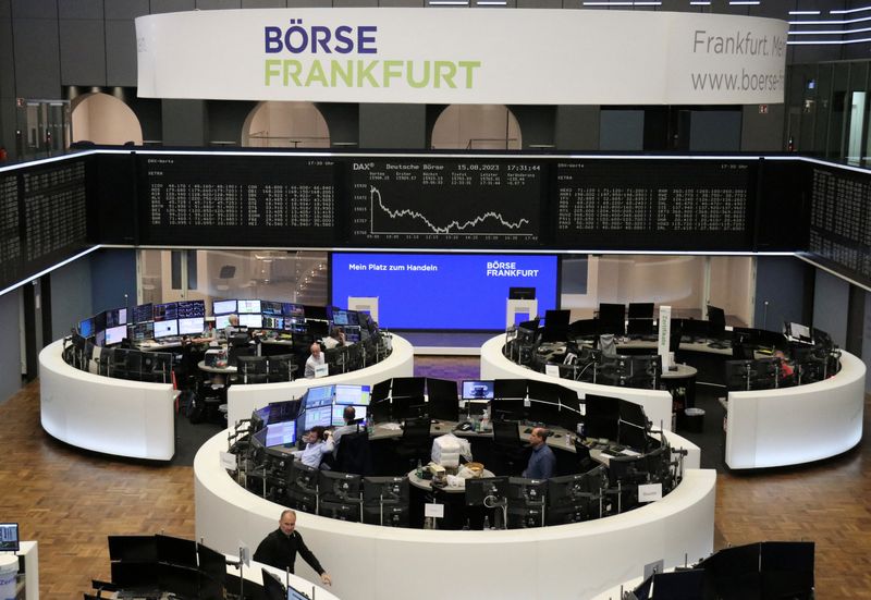 &copy; Reuters. FILE PHOTO: The German share price index DAX graph is pictured as the German index celebrates its 35th birthday at the stock exchange in Frankfurt, Germany, August 15, 2023. REUTERS/Staff/File Photo