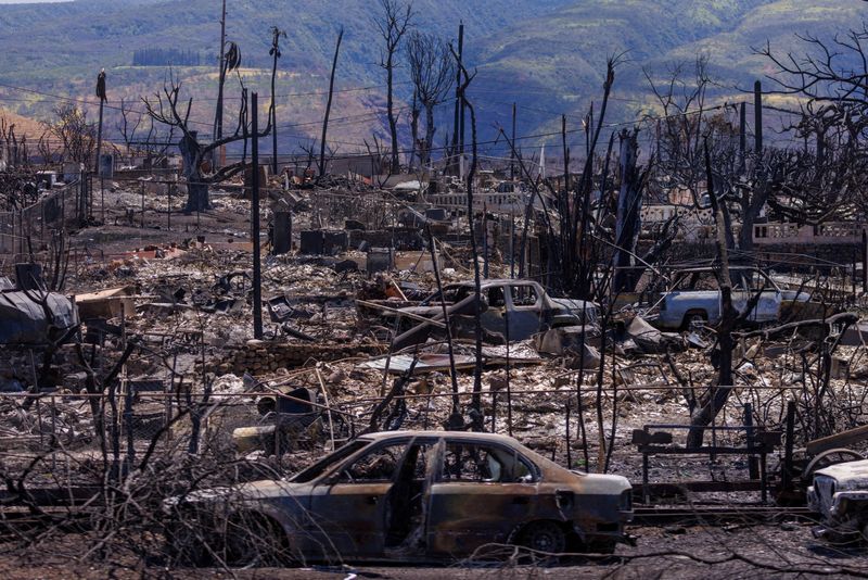 &copy; Reuters. FILE PHOTO: Fire damage is shown in the Wahikuli Terrace neighborhood in the fire ravaged town of Lahaina on the island of Maui in Hawaii, U.S., August 15, 2023.  REUTERS/Mike Blake/File Photo