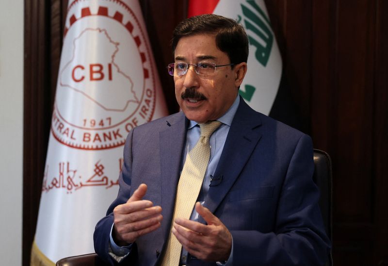 © Reuters. Iraqi central bank (CBI) Governor Ali Al-Allaq speaks during an interview with Reuters in Baghdad, Iraq August 15, 2023. REUTERS/Ahmed Saad