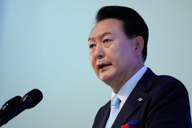 &copy; Reuters. South Korean President Yoon Suk Yeol delivers a speech during a ceremony to celebrate the 78th anniversary of the Korean Liberation Day from Japanese colonial rule in 1945, in Seoul, South Korea, Tuesday, Aug. 15, 2023.     Lee Jin-man/Pool via REUTERS/Fi