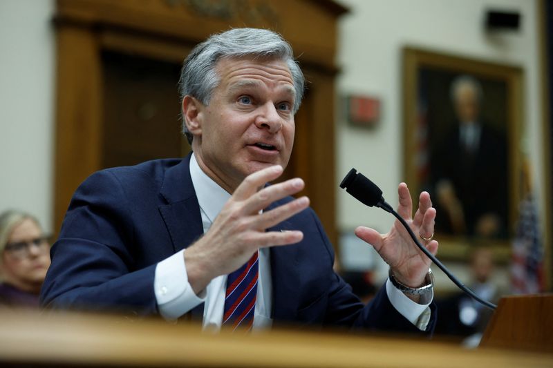 &copy; Reuters. FILE PHOTO: FBI Director Christopher Wray testifies before a House Judiciary Committee hearing on "oversight of the Federal Bureau of Investigation" and alleged politicization of law enforcement, on Capitol Hill in Washington, U.S., July 12, 2023. REUTERS