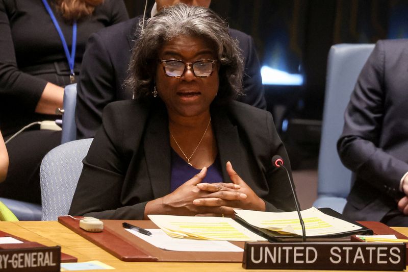 &copy; Reuters. ليندا توماس جرينفيلد سفيرة الولايات المتحدة لدى الأمم المتحدة خلال اجتماع لمجلس الأمن الدولي في نيويورك يوم 17 يوليو تموز 2023. تصوير: برندان م