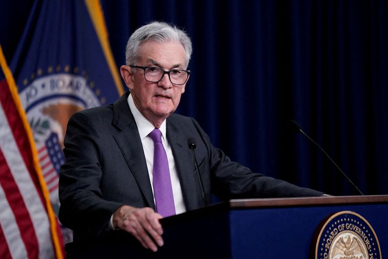 &copy; Reuters. FILE PHOTO: Federal Reserve Board Chairman Jerome Powell speaks during a press conference following a closed two-day meeting of the Federal Open Market Committee on interest rate policy in Washington, U.S., July 26, 2023. REUTERS/Elizabeth Frantz/File Pho