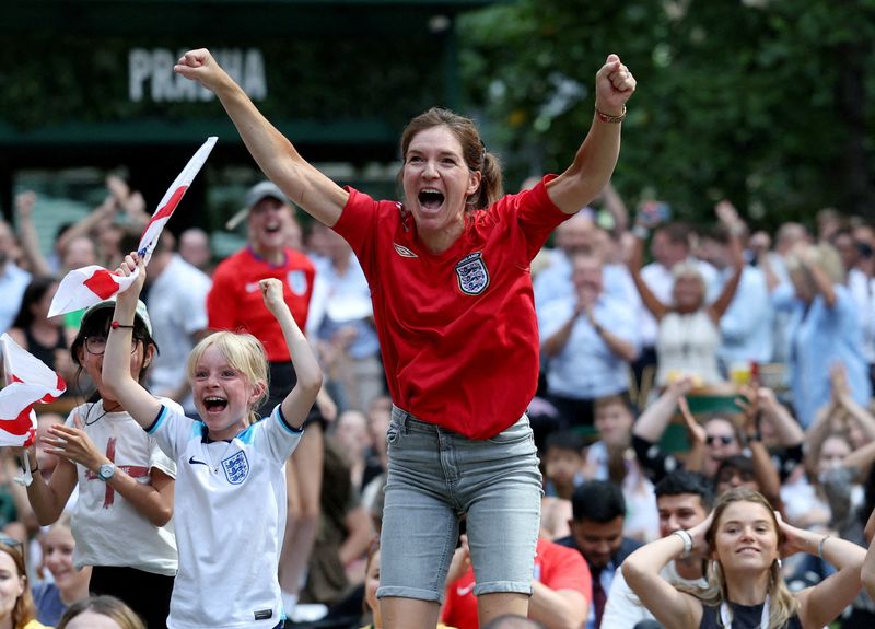 &copy; Reuters. FILE PHOTO: Soccer Football - FIFA Women's World Cup Australia and New Zealand 2023 - Fans in London gather for Australia v England - Canary Wharf, London, Britain - August 16, 2023 England fan Helen Mayhew celebrates after Alessia Russo scores their thir