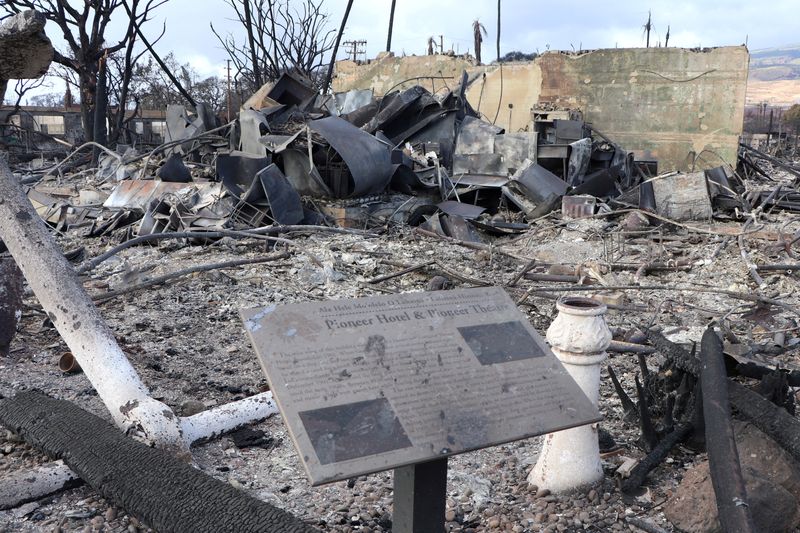 &copy; Reuters. FILE PHOTO: A sign at the site of the destroyed Pioneer Hotel and Pioneer Theater is seen after wildfires driven by high winds burned across most of the town in Lahaina, Maui, Hawaii, U.S. August 10, 2023. Hawai'i Department of Land and Natural Resources/
