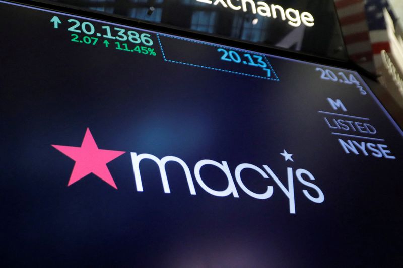 &copy; Reuters. FILE PHOTO: The Macy's logo is displayed on the trading floor at the New York Stock Exchange (NYSE) in Manhattan, New York City, U.S., August 19, 2021. REUTERS/Andrew Kelly/File Photo