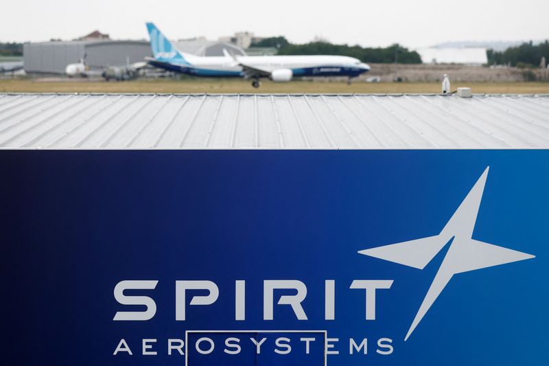 &copy; Reuters. A Boeing 737 MAX-10 lands over the Spirit AeroSystems logo during a flying display at the 54th International Paris Air Show at Le Bourget Airport near Paris, France, June 22, 2023. REUTERS/Benoit Tessier/file photo