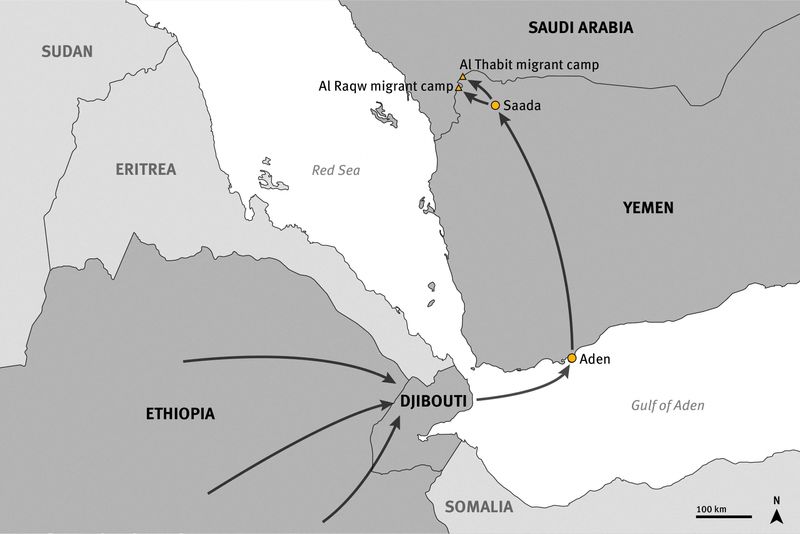 &copy; Reuters. Mapa mostra rotas de migração da Etiópia para a Arábia Saudita pelo Iêmen
21/08/2023
Human Rights Watch/Divulgação via REUTERS