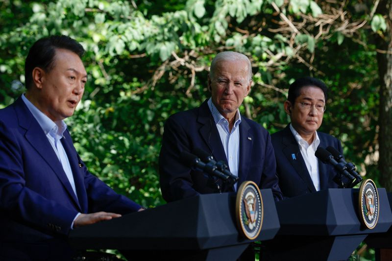 &copy; Reuters. Líderes dos Estados Unidos, Japão e Coreia do Sul em coletiva de imprensa após cúpula Camp David, Maryland, EUA
18/8/2023 REUTERS/Evelyn Hockstein