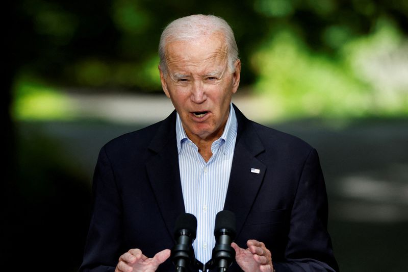 &copy; Reuters. FILE PHOTO: U.S. President Joe Biden speaks during a joint press conference with Japanese Prime Minister Fumio Kishida and South Korean President Yoon Suk Yeol (not pictured) during the trilateral summit at Camp David near Thurmont, Maryland, U.S., August