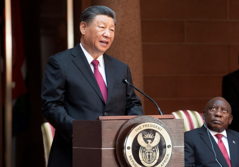 &copy; Reuters. الرئيس الصيني شي جين بينغ يتحدث خلال قمة بريكس في جنوب أفريقيا يوم الثلاثاء. تصوير: أليت بريتوريوس - رويترز.