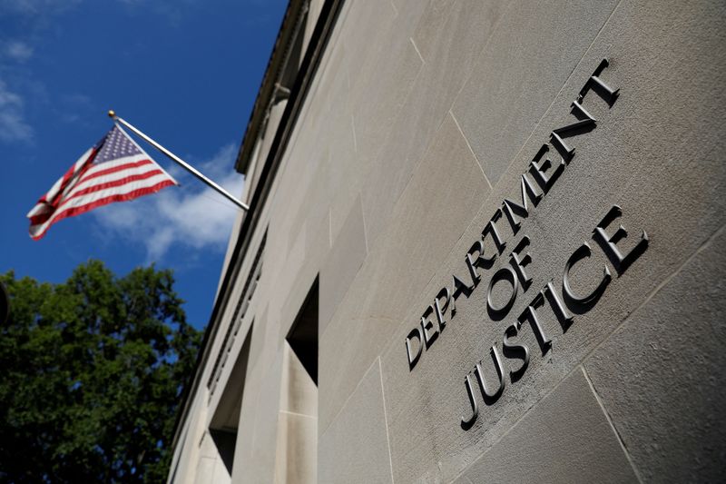 &copy; Reuters. FILE PHOTO: Signage is seen at the United States Department of Justice headquarters in Washington, D.C., U.S., August 29, 2020. REUTERS/Andrew Kelly/File Photo
