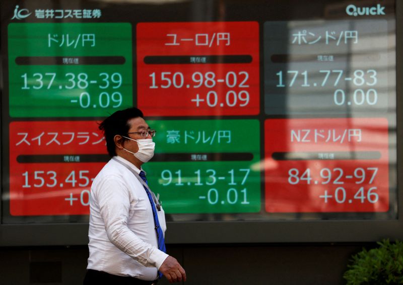 &copy; Reuters. FILE PHOTO: A man walks past an electric monitor displaying the Japanese yen exchange rate against the U.S. dollar, Euro and other foreign currencies outside a brokerage in Tokyo, Japan May 2, 2023.  REUTERS/Issei Kato