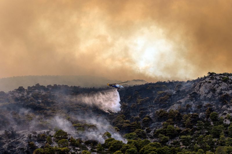 © Reuters. منظر عام لحرائق الغابات في مينيدي بالقرب من أثينا يوم الأربعاء. تصوير: ألكيس كونستانتينيديس - رويترز.