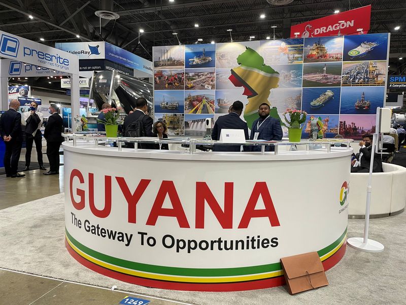 &copy; Reuters. FILE PHOTO: Guyana's booth is seen at the Offshore Technology Conference as Bharrat Jagdeo, the South American nation's vice president, told the conference it would be unfair to ask the developing nation not to develop its burgeoning oil resources, in Hou