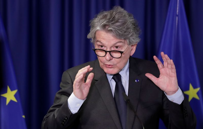 &copy; Reuters. FILE PHOTO: European Commissioner for Internal Market Thierry Breton attends a news conference following an informal video conference of internal market and industry ministers in Brussels, Belgium February 25, 2021. Olivier Hoslet/Pool via REUTERS/File Ph