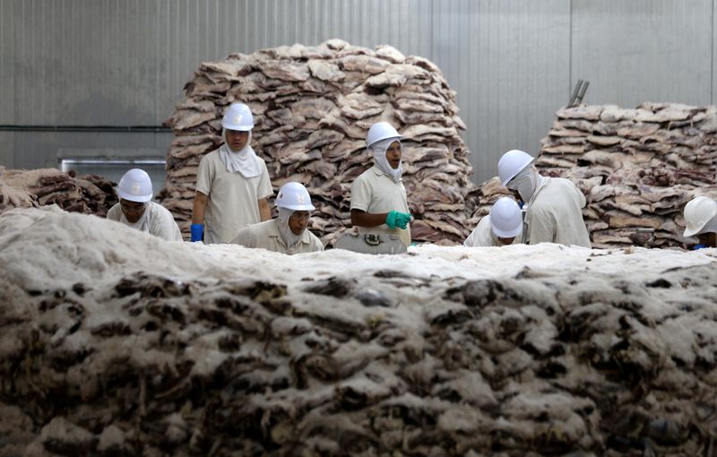 &copy; Reuters. FILE PHOTO: Employees prepare salted meat which will be dried and then packed at a plant of JBS S.A, the world's largest beef producer, in Santana de Parnaiba, Brazil December 19, 2017. REUTERS/Paulo Whitaker/File Photo