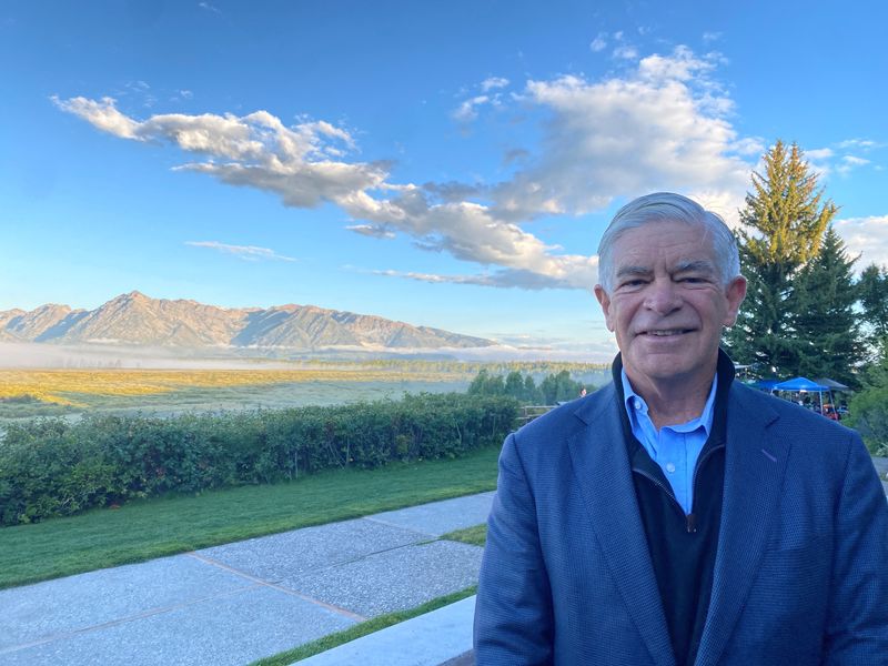 &copy; Reuters. Federal Reserve Bank of Philadelphia President Patrick Harker stands behind the Jackson Lake Lodge in Jackson Hole, where the Kansas City Fed holds its annual economic symposium, in Wyoming, U.S. August 24, 2023. REUTERS/Ann Saphir/