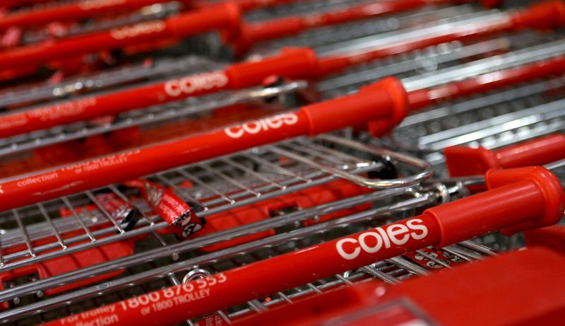 &copy; Reuters. FILE PHOTO: The Coles(Wesfarmers brand) logo is seen on trolleys at a Coles supermarket in Sydney, Australia, February 20, 2018. Picture taken February 20, 2018. REUTERS/Daniel Munoz/File Photo