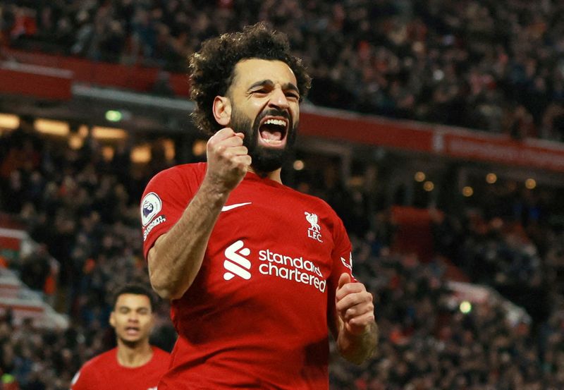 &copy; Reuters. Mohamed Salah comemora gol do Liverpool 
 1/3/2023    REUTERS/Phil Noble