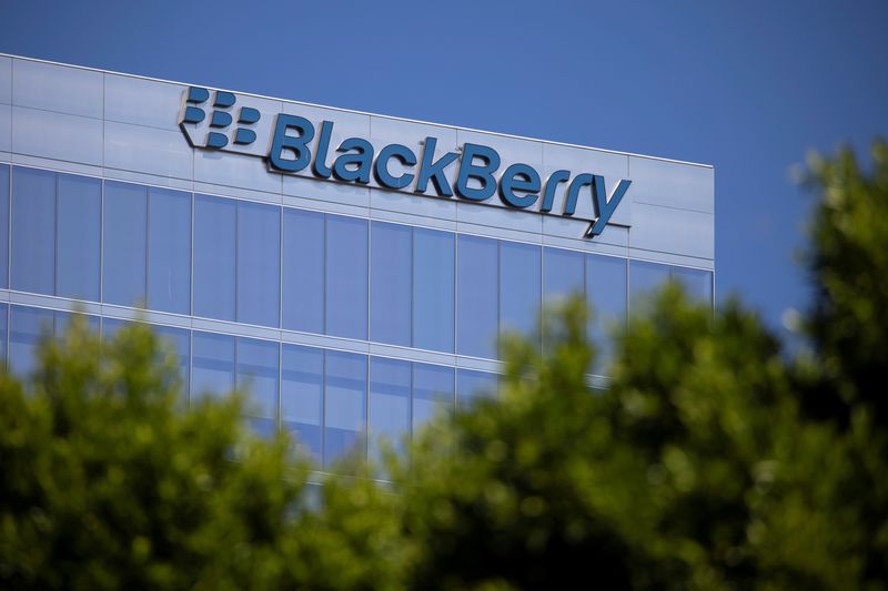 &copy; Reuters. The Blackberry logo is shown on a office  tower in Irvine, California, U.S., October 20, 2020.   REUTERS/Mike Blake