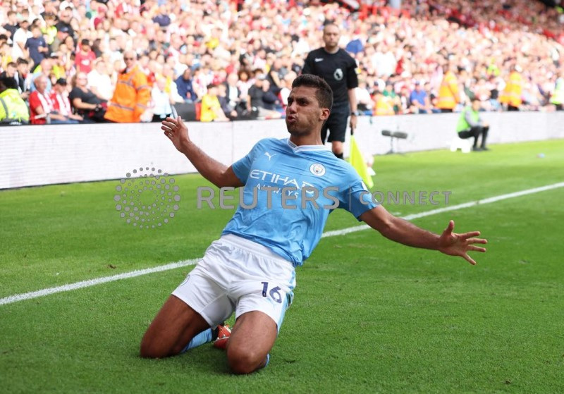 &copy; Reuters. Rodri, do Manchester City, comemora o segundo gol 
27/08/2023
REUTERS/Phil Noble 