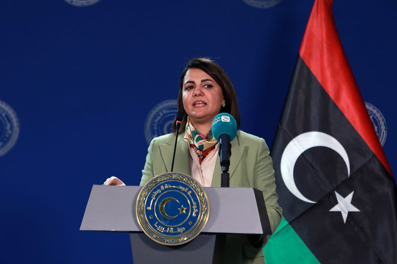 © Reuters. FILE PHOTO: Libyan Foreign Minister Najla el-Mangoush speaks during a news conference with EU's head of foreign policy Josep Borell (not seen), in Tripoli, Libya September 8, 2021. REUTERS/Hazem Ahmed