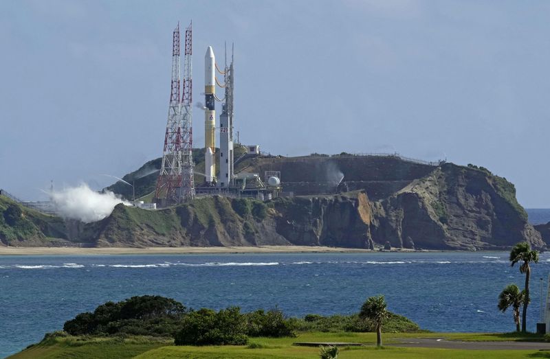 &copy; Reuters. H-IIA launch vehicle number 47 is seen on the launching pad at Tanegashima Space Center on the southwestern island of Tanegashima, Japan in this photo taken by Kyodo on August 28, 2023. Kyodo/via REUTERS