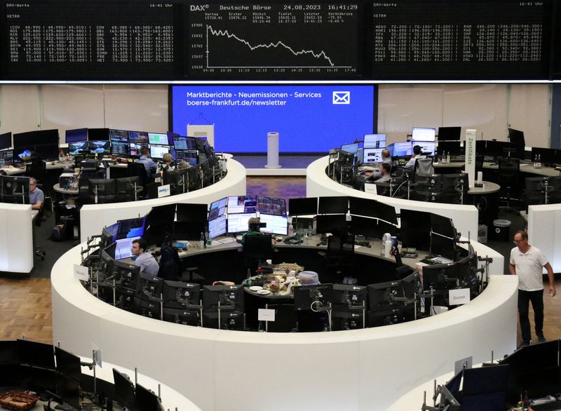 &copy; Reuters. FILE PHOTO: The German share price index DAX graph is pictured at the stock exchange in Frankfurt, Germany, August 24, 2023.  REUTERS/Staff